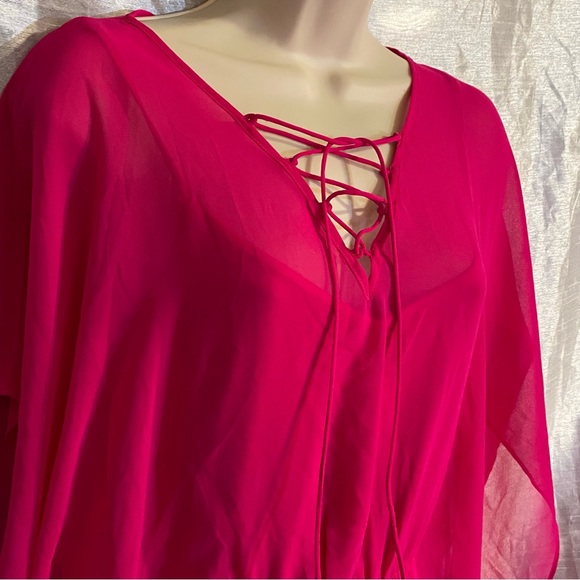 Express SZ S, GUC, batwing sheer lined dress elastic waist, Barbiecore pink - Picture 1 of 11
